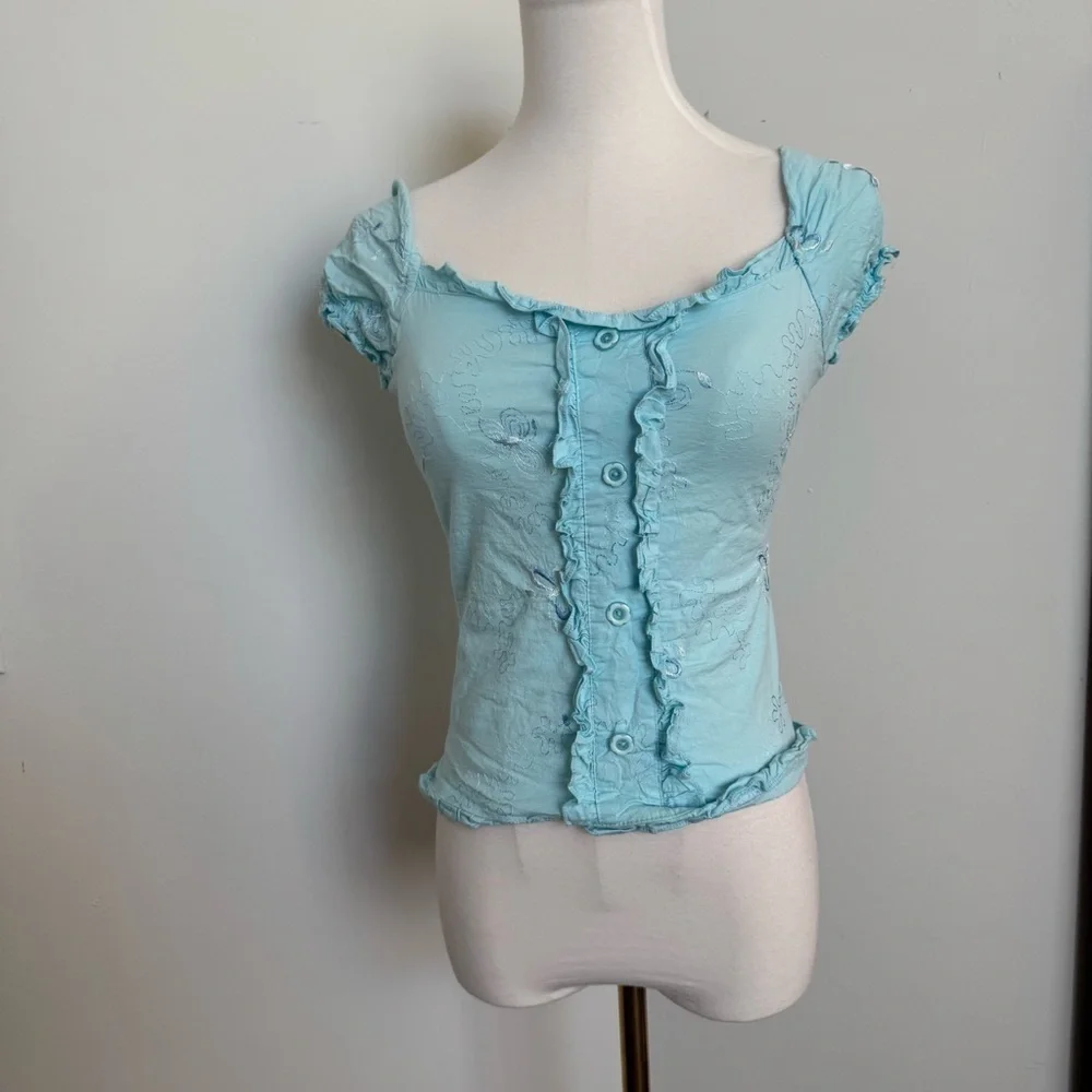 Y2K Light Blue Ruffled Women's Top milkmaid S coquette coastal cowgirl - Picture 2 of 5